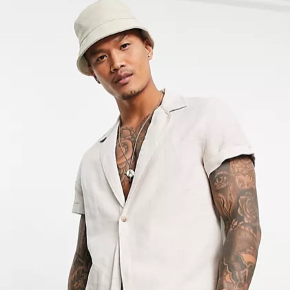ASOS DESIGN regular linen shirt with low deep revere in stone